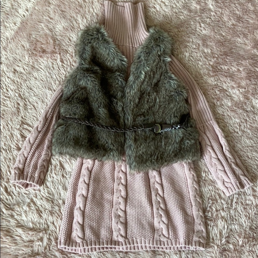 Pink Sweater Dress with Fur Vest & Belt